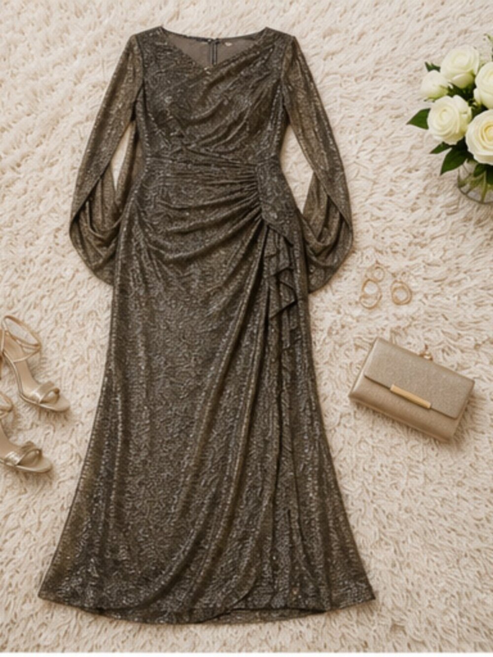 Betsy & Adam Plus Size Metallic Crinkle Maxi Gown Mocha Gold Size 18W NWT